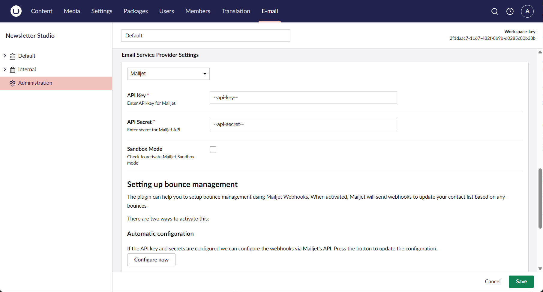 Configure workspace to use Mailjet